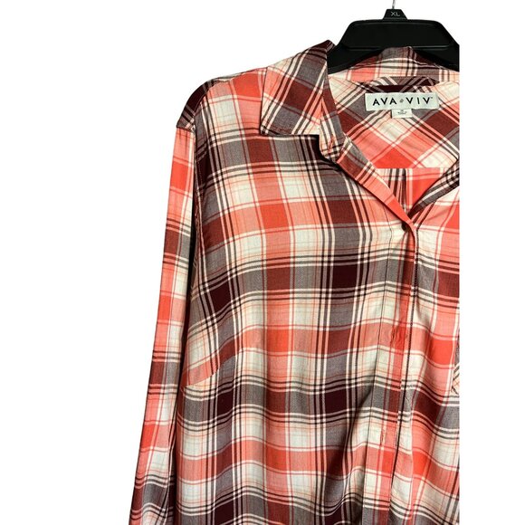 Ava & Viv Women's Plaid Button-Down Shirt Size 1X Long Sleeve Red-White-Brown - Picture 5 of 10